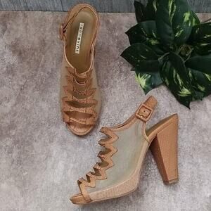Reed Evins Anthropologie Tan Ivory Mesh Leather Reptile Open Toe Heels Women's 8
